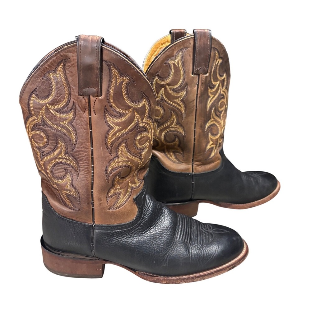 Justin Mens Black Brown Leather Western Cowboy Boots Round Toe 3903 Size 9 D‎